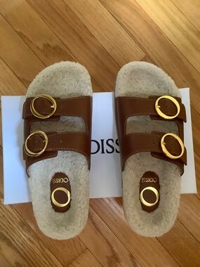 ODISSI  Yuki Leather Shearling Buckle Slide Sandals Brown SZ EU 39/ US 9